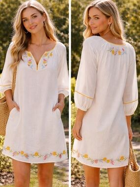 Calypso St. Barth White Midi Tunic Dress with Yellow & Pink Floral Embroidery